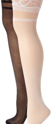 MUSIC LEGS Women’s Petite 2 Pack Backseam Sheer Thigh Hi with Lace Stripe Top