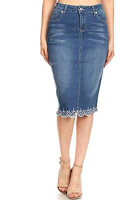 GoModest Women’s Midi Scalloped Hem Casual Modest Knee Length Denim Skirt
